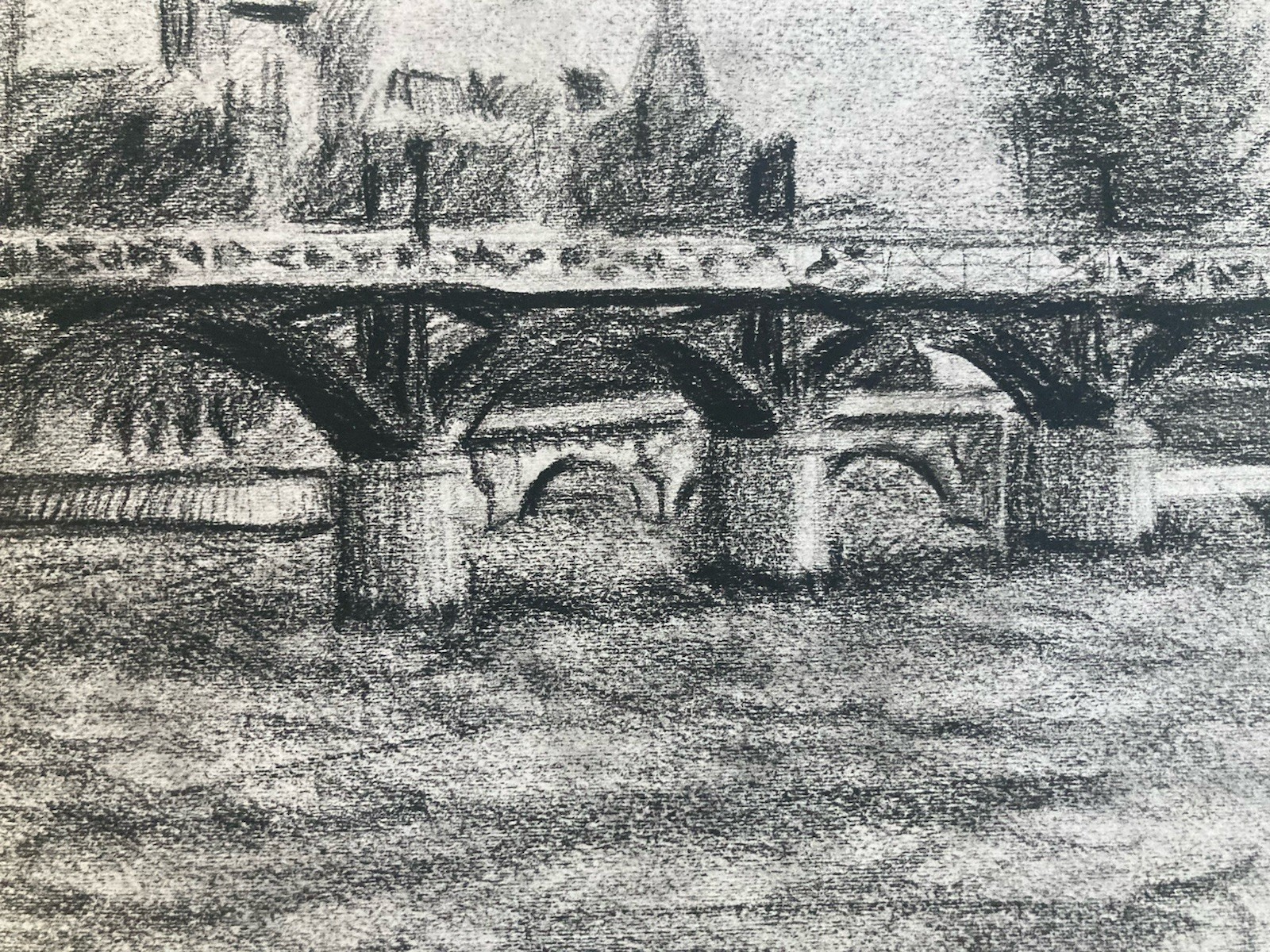 1970 Charcoal Drawing on Paper Paris Seine Quay Notre-Dame Pont Neuf Urban Art