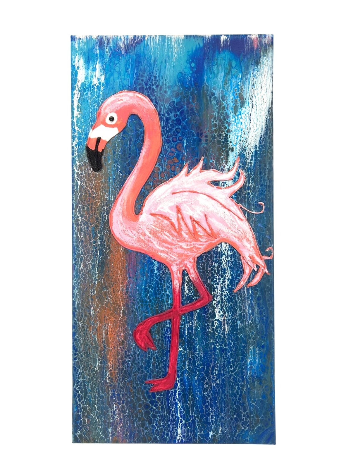 Pink Flamingo Mixed Media Acrylic Painting On Blue Abstract Background 10 x 20