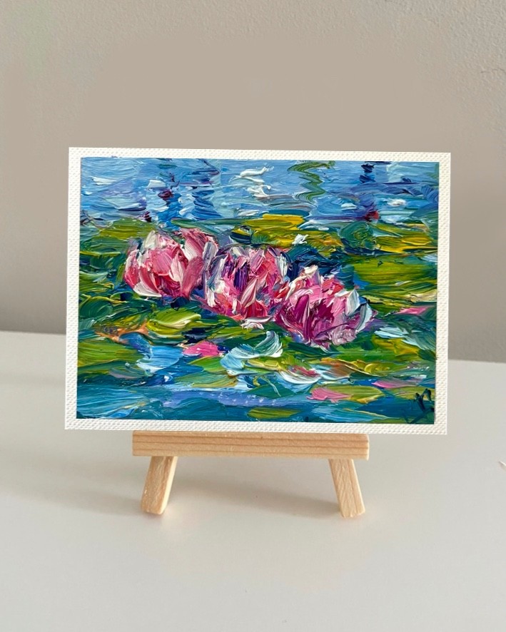 ACEO Original Oil Painting Pink Lotuses Art Cards Impasto 3.5×2.5 Signed OS
