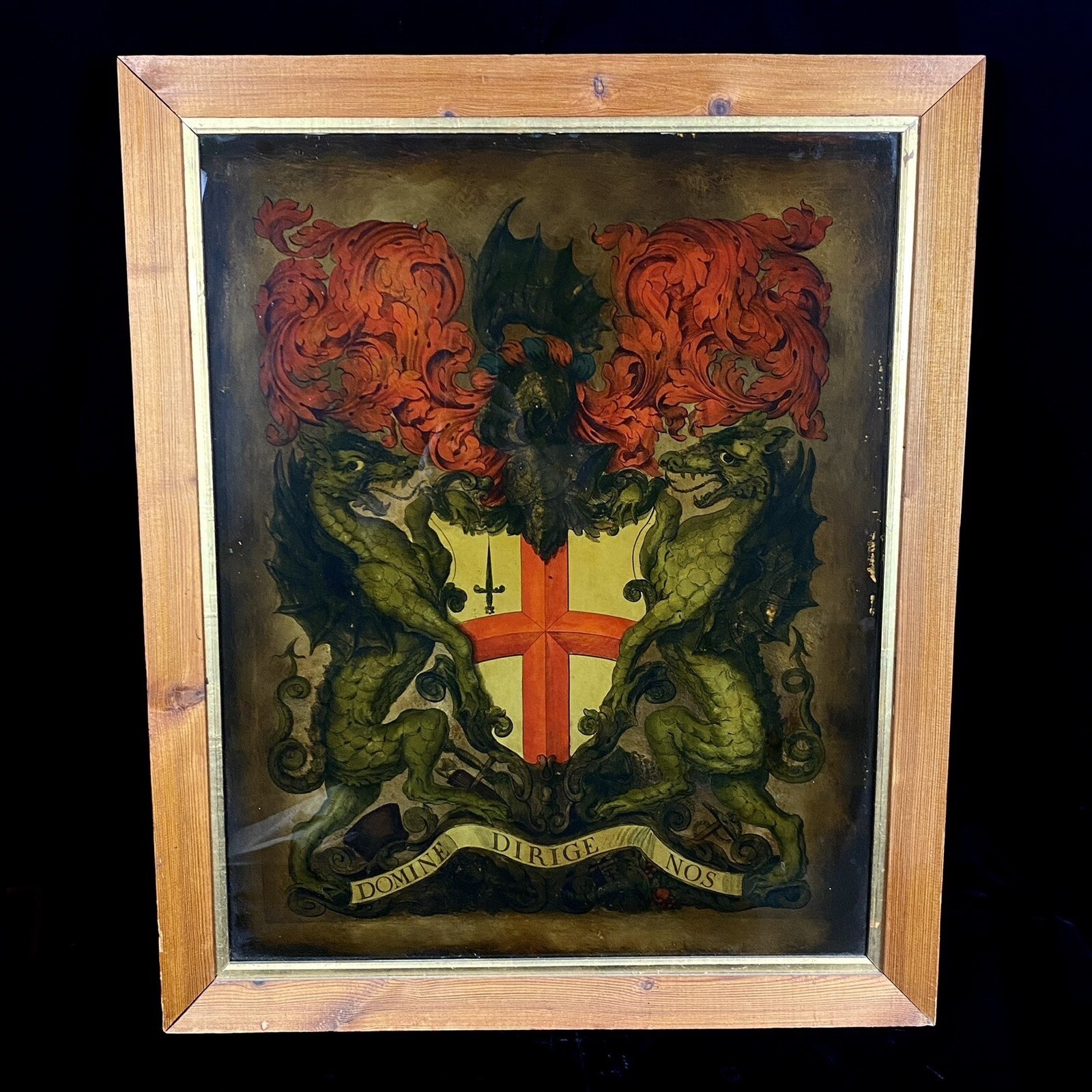 WWI Era Reverse Oil Painting On Glass London England Coat Of Arms Dragons