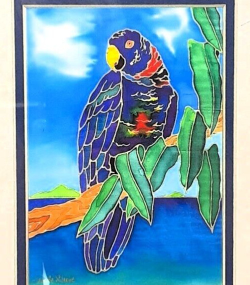 Cloisonne Style Water Colored Framed and Matted Beautiful Multi-Colored Parrot