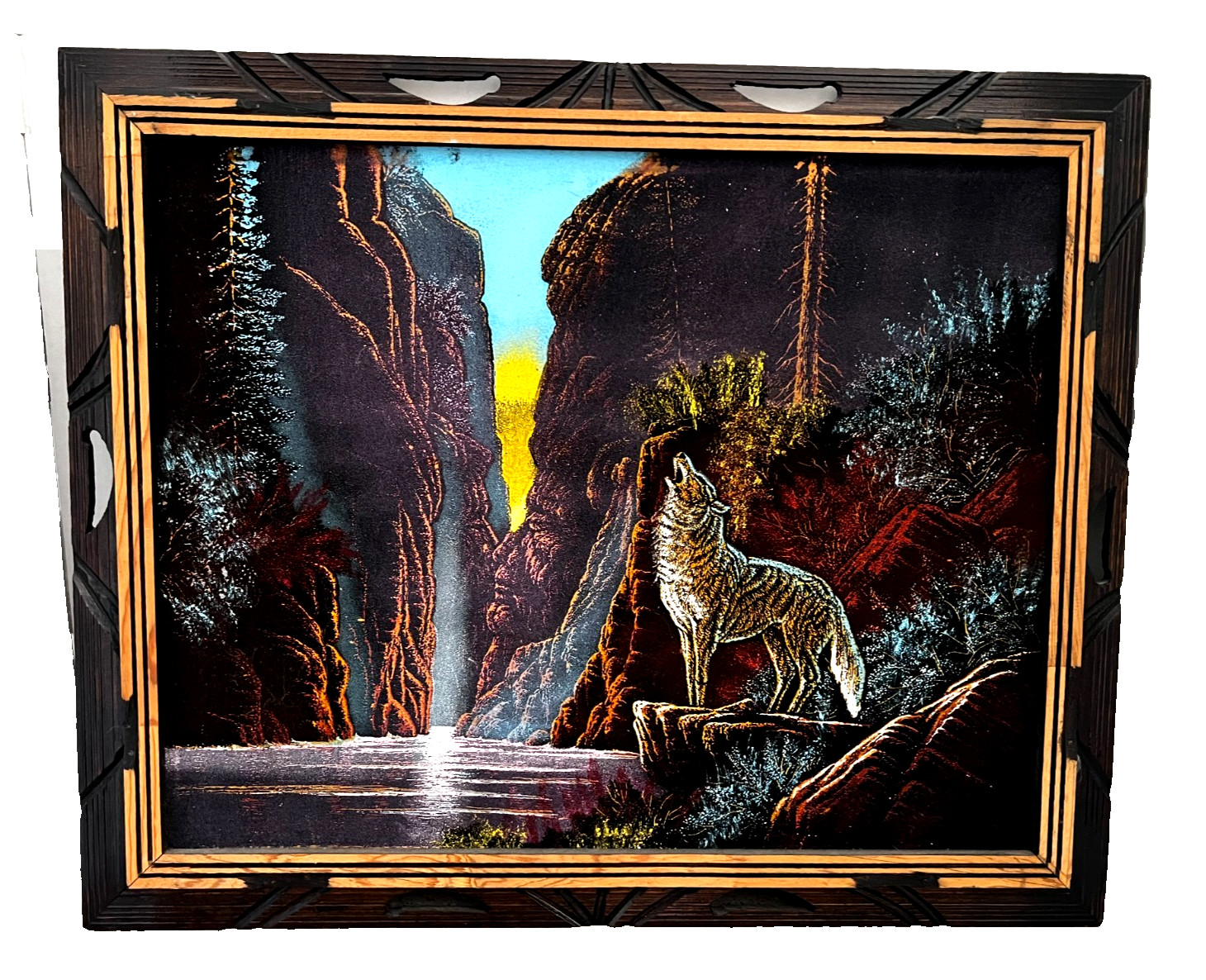Vtg 70’s Black Velvet Wolf Native American Painting Mexico 19” x 23” Colorful
