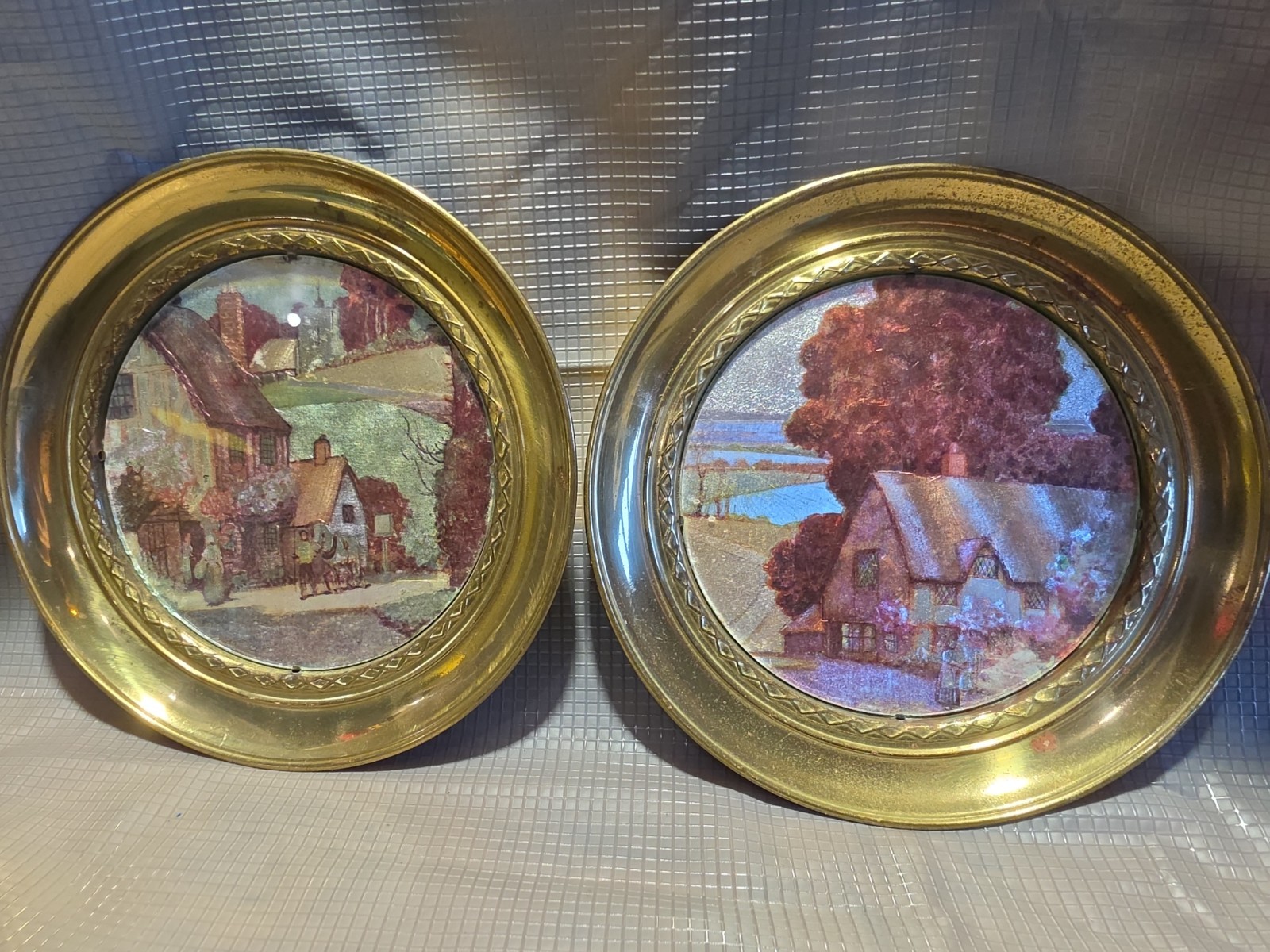 Vintage Art Deco Cottage Butterfly Wing Art Pair Reverse Painted Brass England