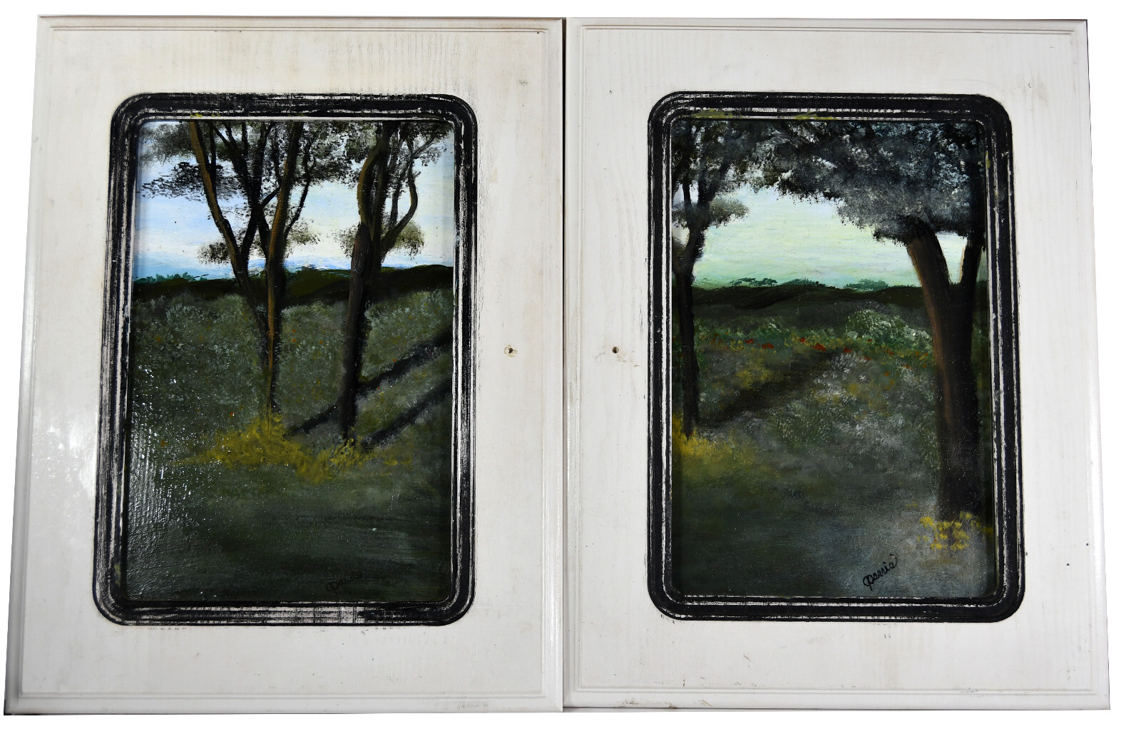 19″ Vintage Oil Paintings on Glass Recycled Old Wooden Cabinet Doors Rustic
