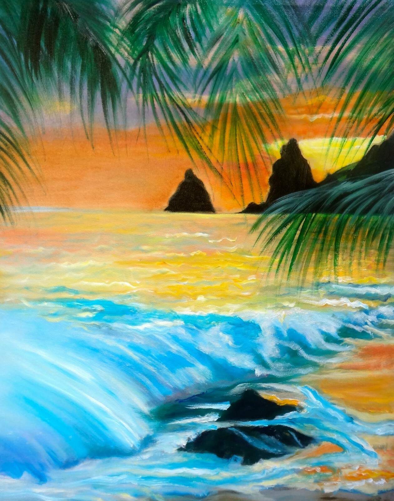 HAWAII ARTIST, «TROPICAL COASTLINE». ONE OF A KIND Original READY TO HANG