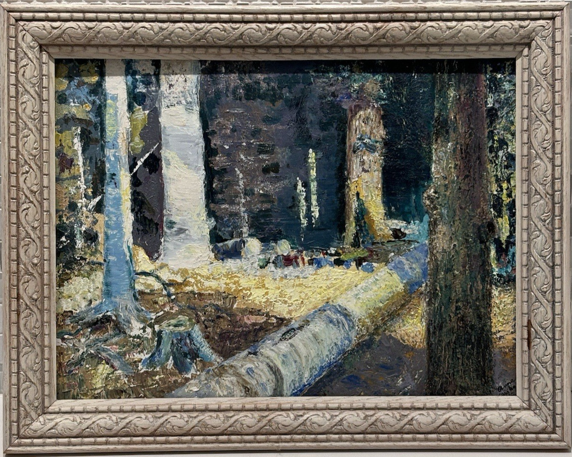Original Signed Rustic Woodland Framed Painting, Anne Mike, Vintage Art Decor