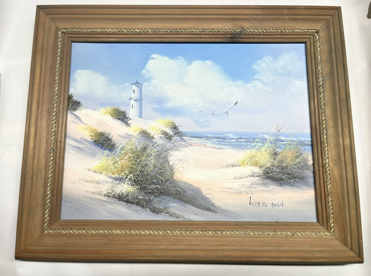 Loomis Dean Sea Painting Of Lighthouse Signed Rope And Wood Frame 20×15