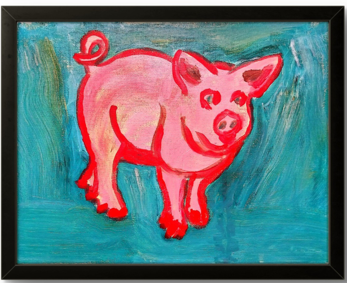 Modern Contemporary Pink Pig 14X11 Handmade Wall Art Canvas Original Painting