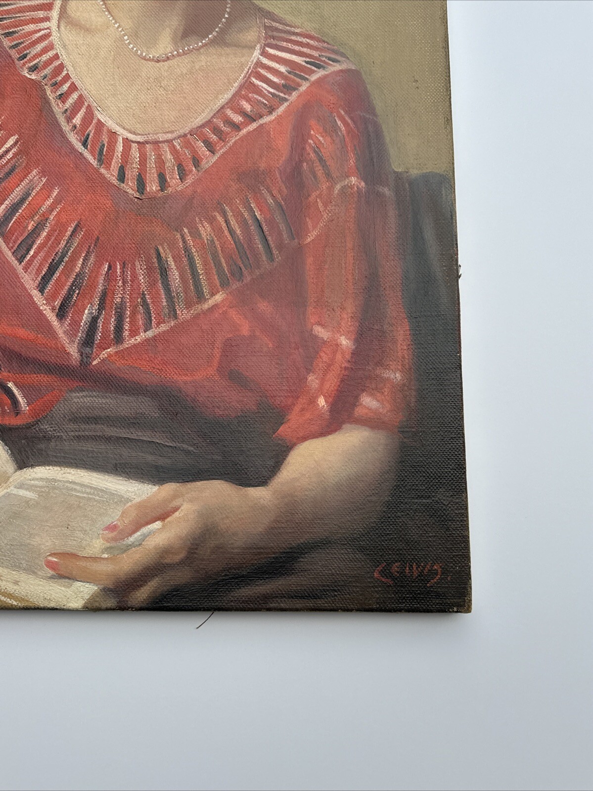 ANTIQUE PORTRAIT PAINTING PRETTY WOMAN FEMALE MODEL OIL ART DECO SIGNED LEWIS