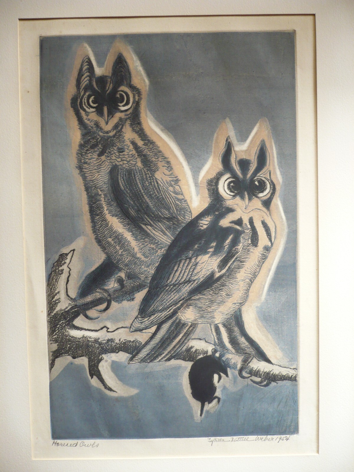SYBILLA MITTELL WEBER, SIGNED COLOR ETCHING PRINT OWLS BIRD, MODERN & LISTED ART