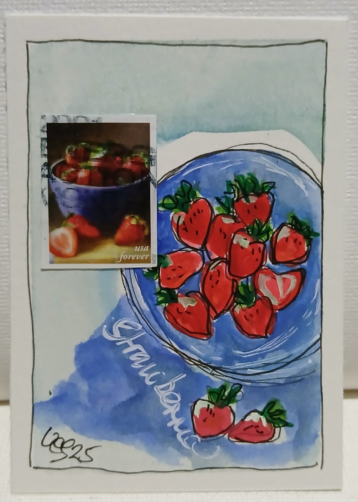 Postal Whimsy Forever Stamp collage ACEO OOAK Watercolor Blue Bowl Strawberries