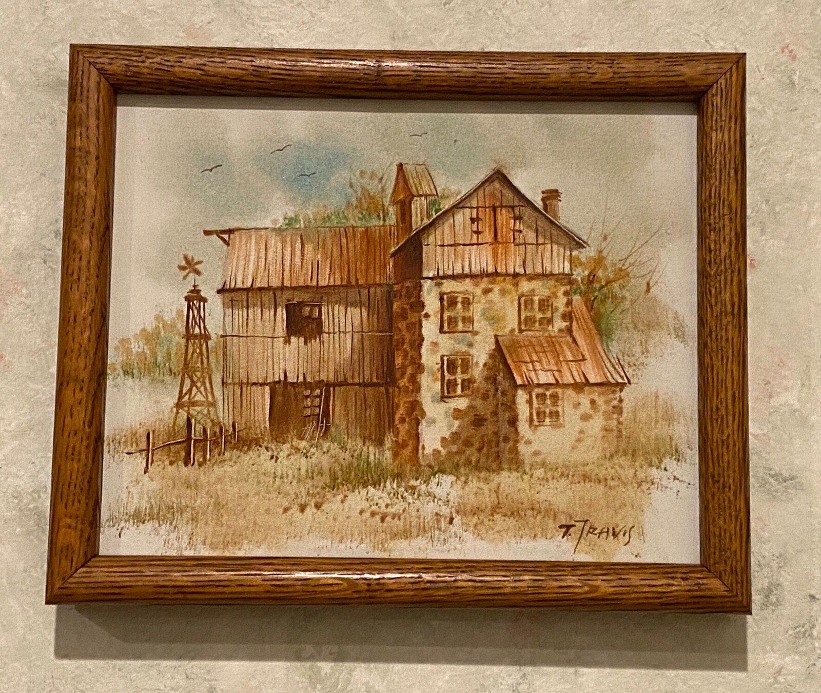 Oil Painting signed by artist T Travis “Farm House” oak frame 9″ x 11″