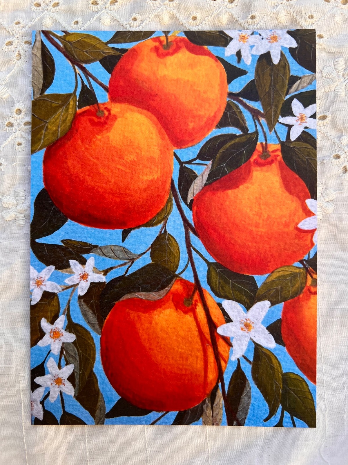 PRINT from original orange tree gouache on paper 5×7 flowering tree branches