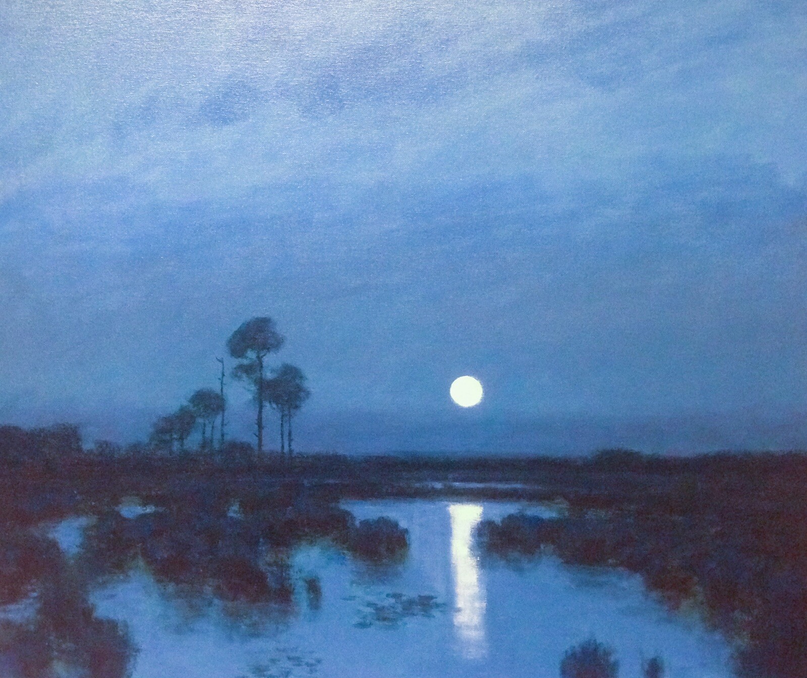 Lily Pad 24×20 Full Moon Marsh Impressionism wetlands Landscape Art Oil Painting