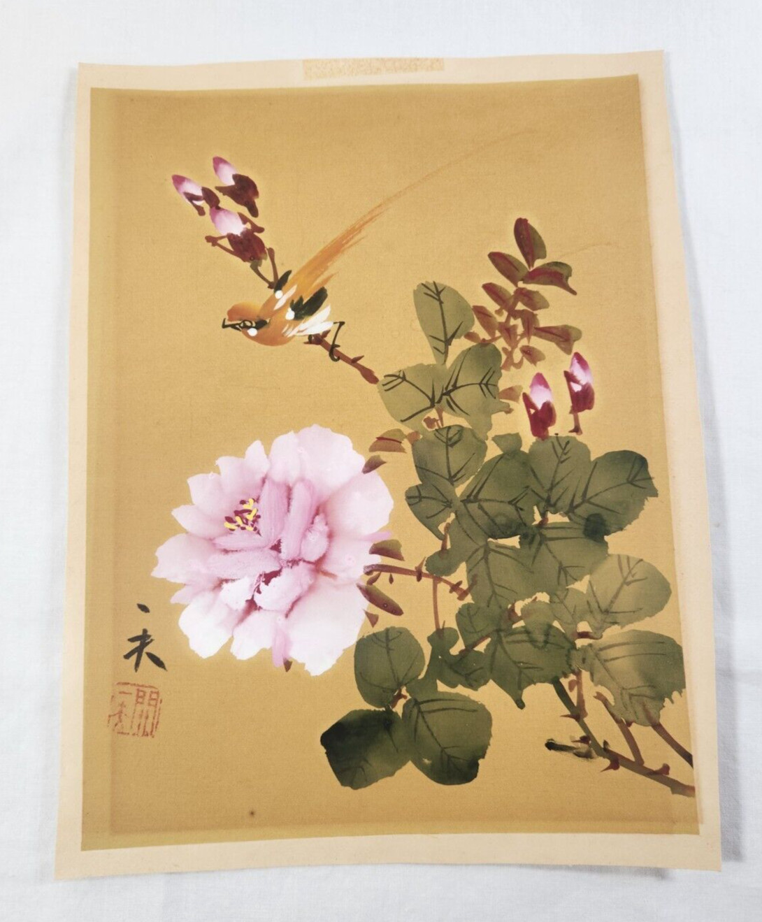 Vintage Asian Bird Painting Chinese Watercolor Art on Silk Signed 9″x12″