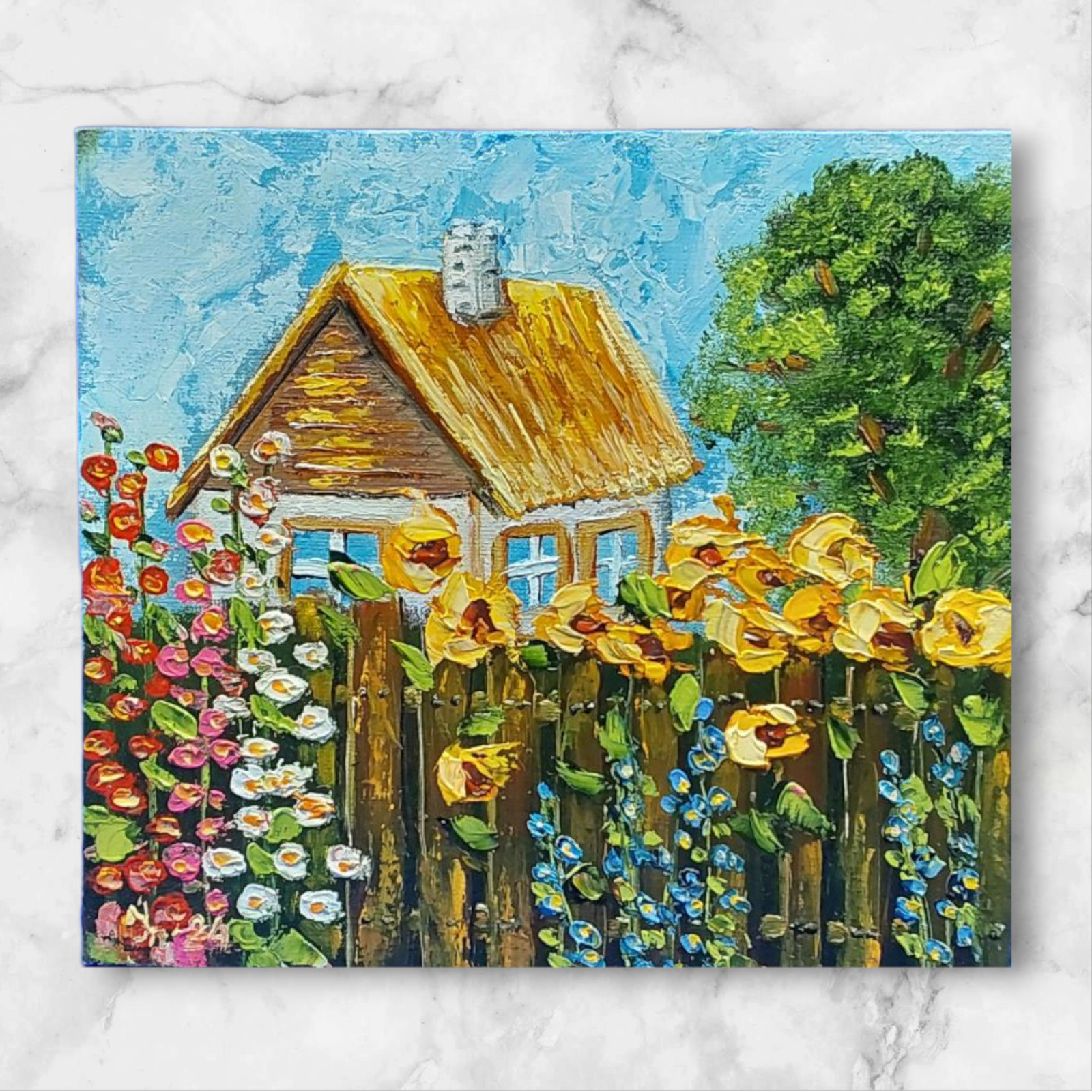 Original Rustic Cottage Painting with Sunflowers, Farm Art, Oil on Canvas 7×8 in