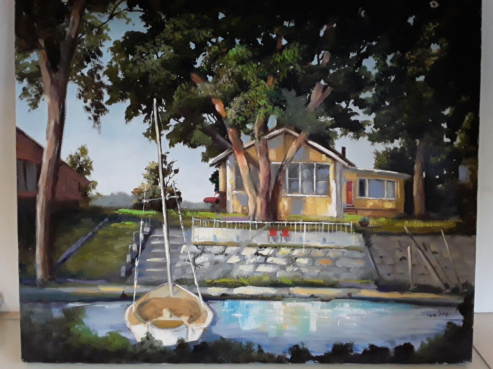 Painting Yellow Summer House Cabin on Lake or River w Sailboat Signed Long Art