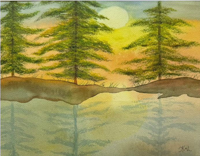 PAINTING WATERCOLOR SUNSET TREES POND LANDSCAPE GREEN YELLOW 11X14 and MAT 16X20
