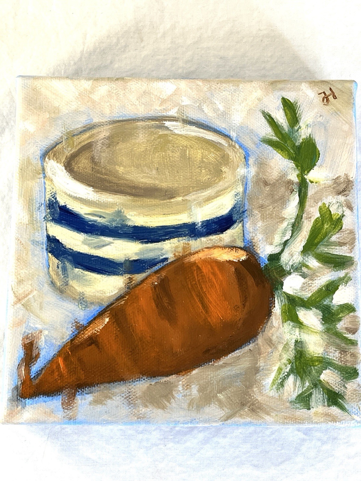 Original Painting Still Life of a Carrot and a Blue Stripe Crock