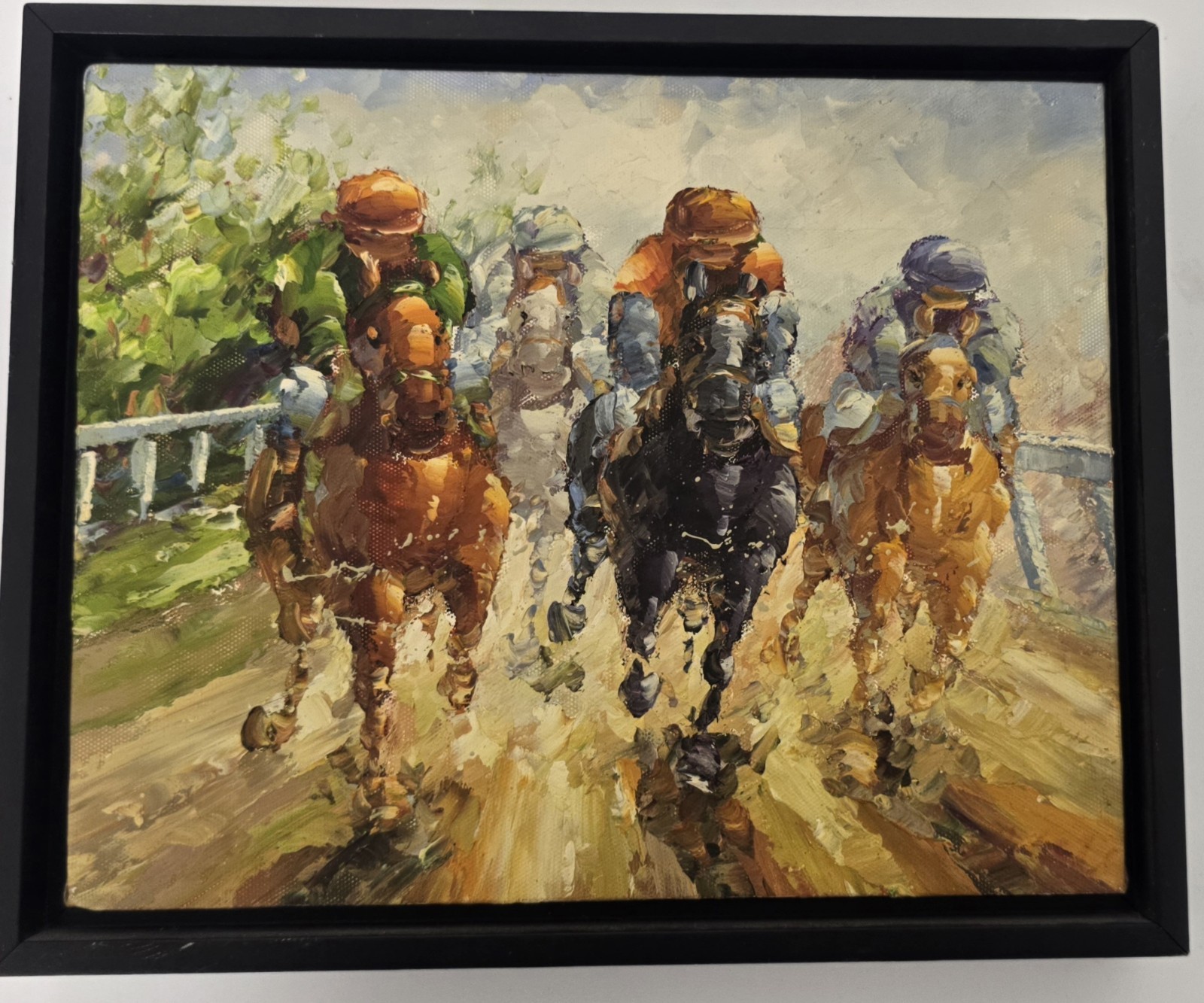 Horse Racing Jockeys Rare Original Oil Painting Framed