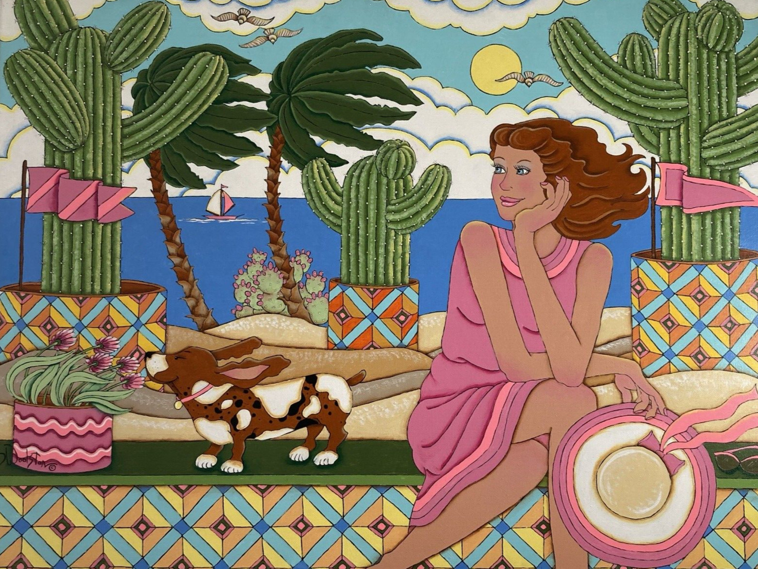 Vintage Original Acrylic Painting -Summer Breeze, Woman, Cactus, Dog -Signed