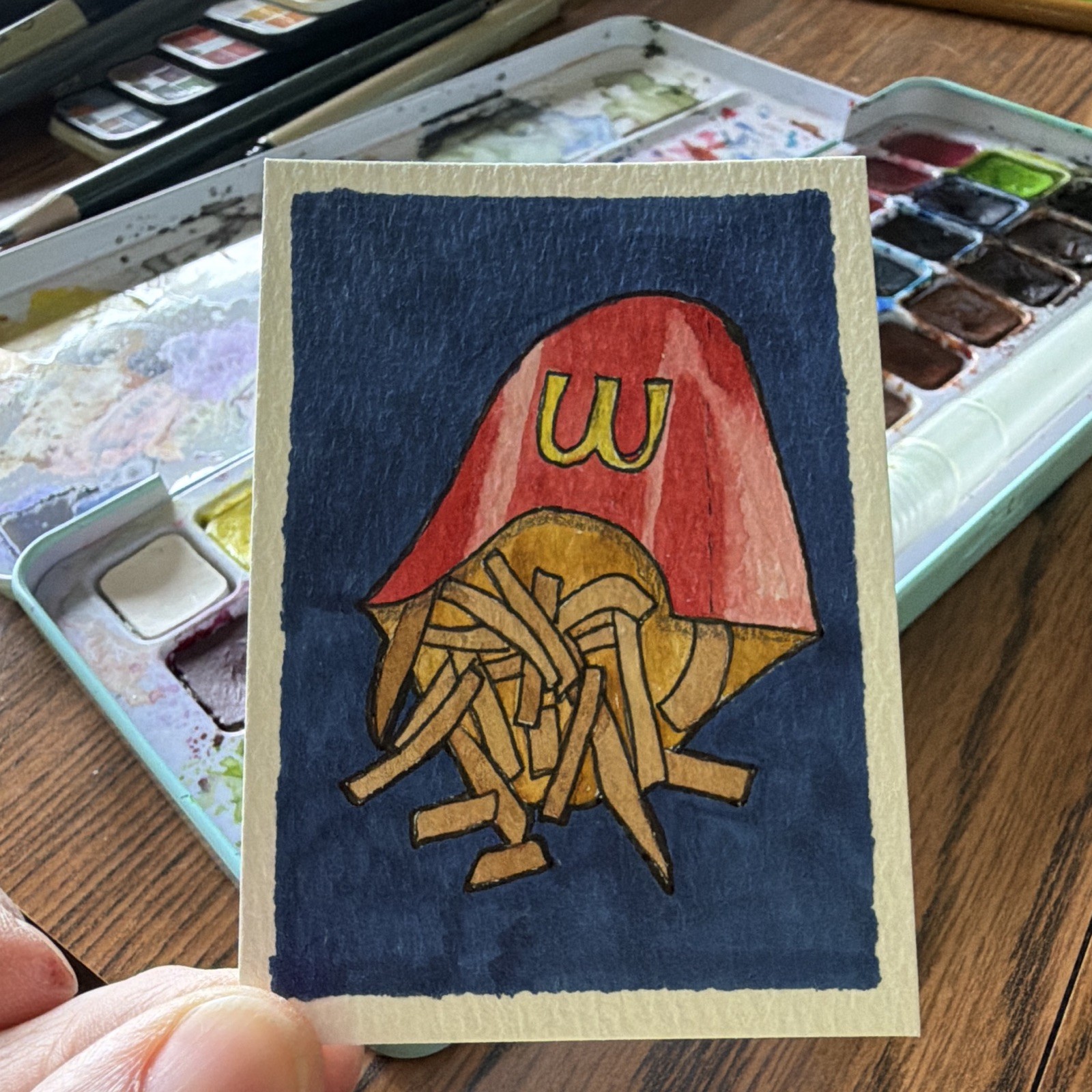Donna Hawk ACEO «Lunch» Original Watercolor Signed French Fries
