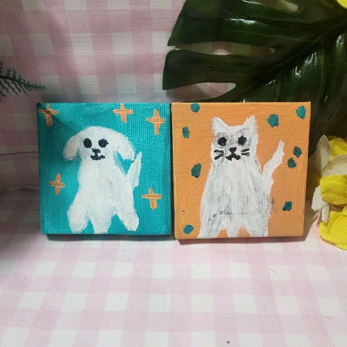 Original Painting Canvas, ghost cat, ghost dog, duo, set, polka dots, stars