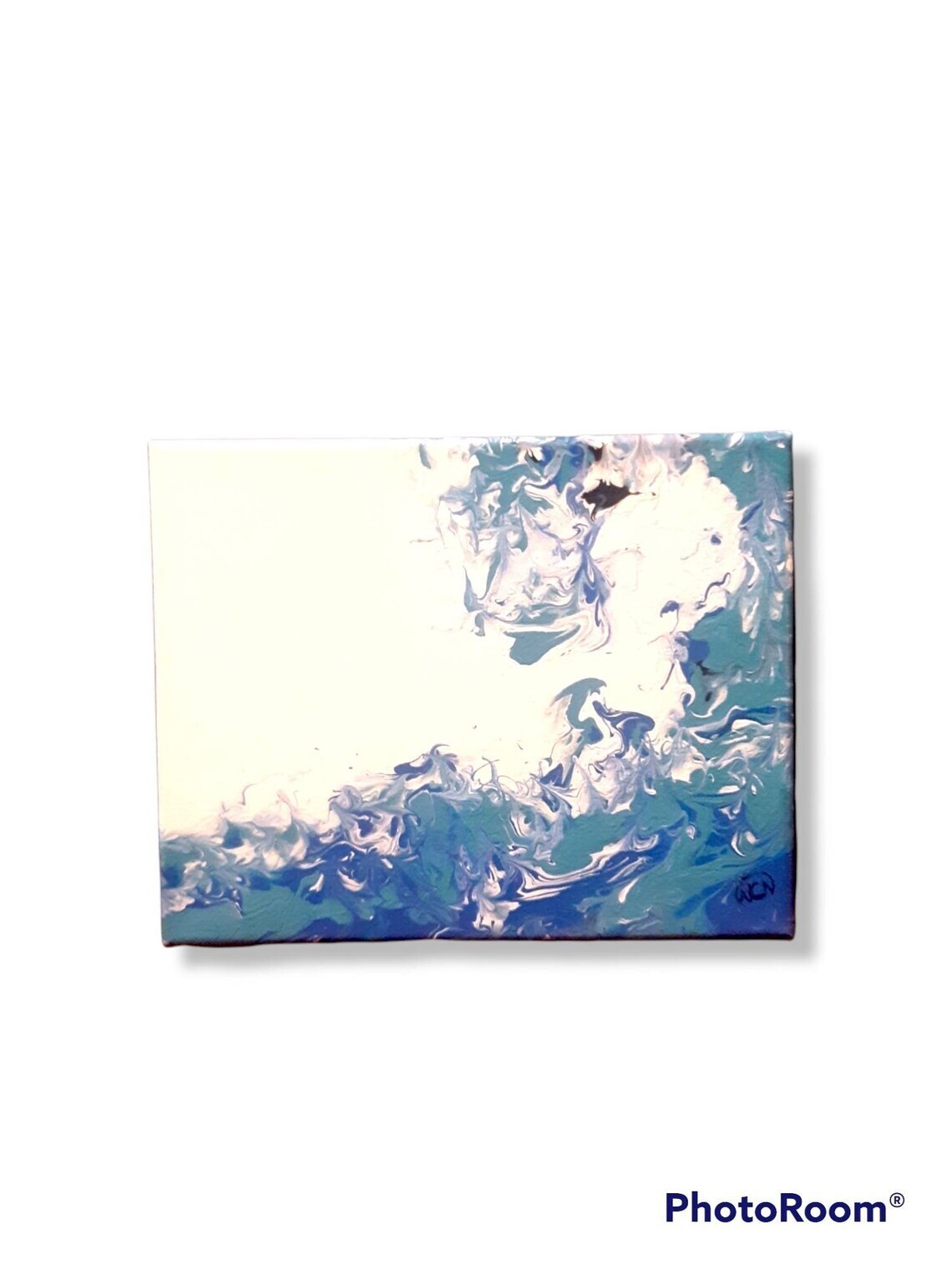 8 in x 10 in Blue and White Abstract Wave Painting on Canvas