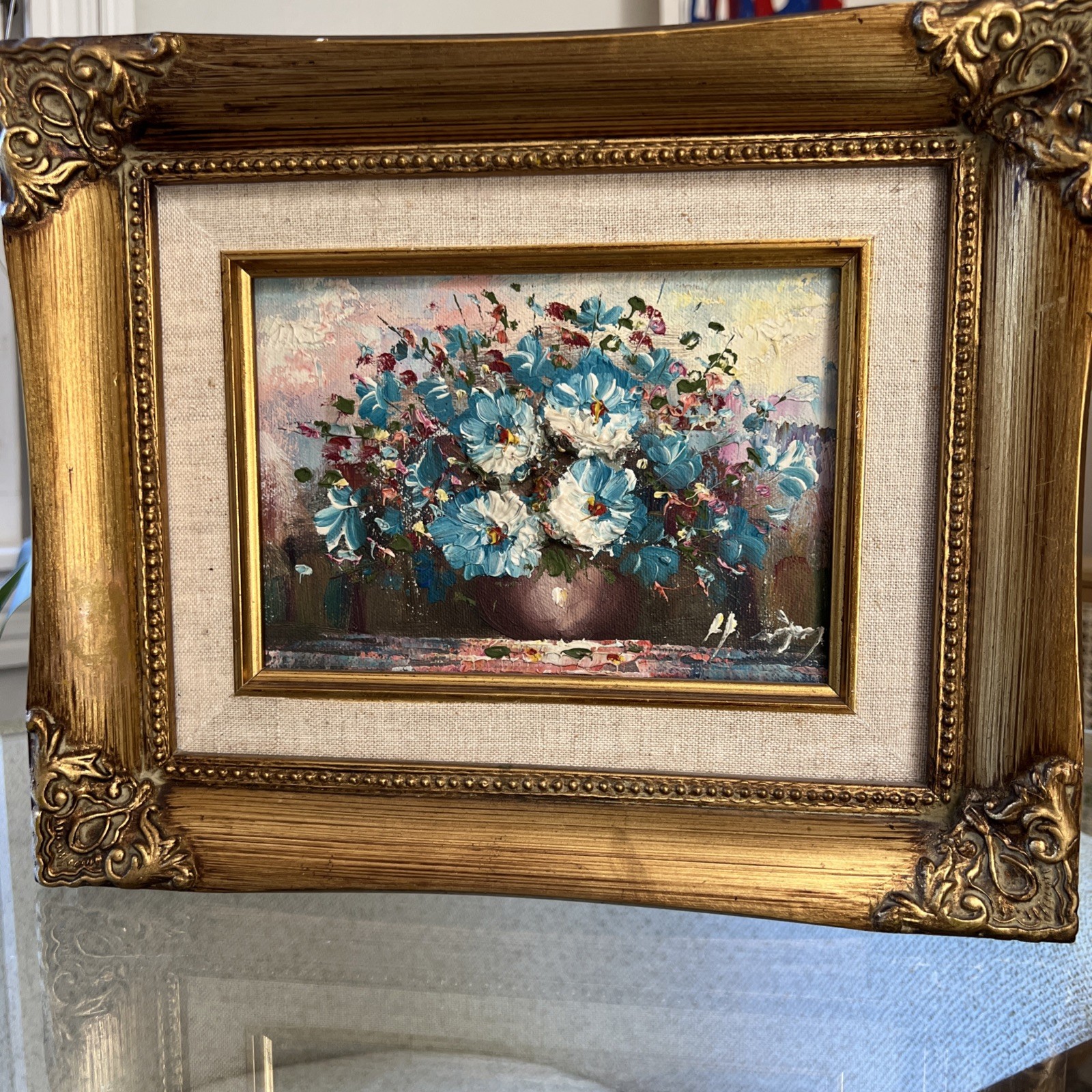 Blue Floral Impasto Oil Painting Ornate Gold Wood Frame Linen Liner 9×11