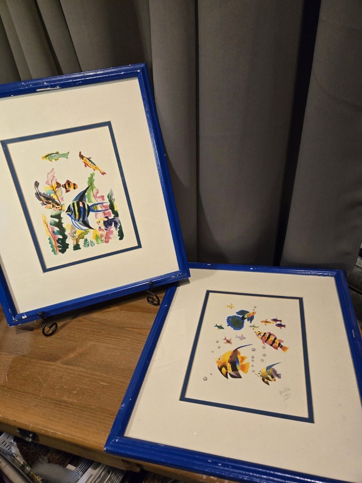 2 Framed Colorful Aquatic Fish Watercolor Signed & Dated 1991
