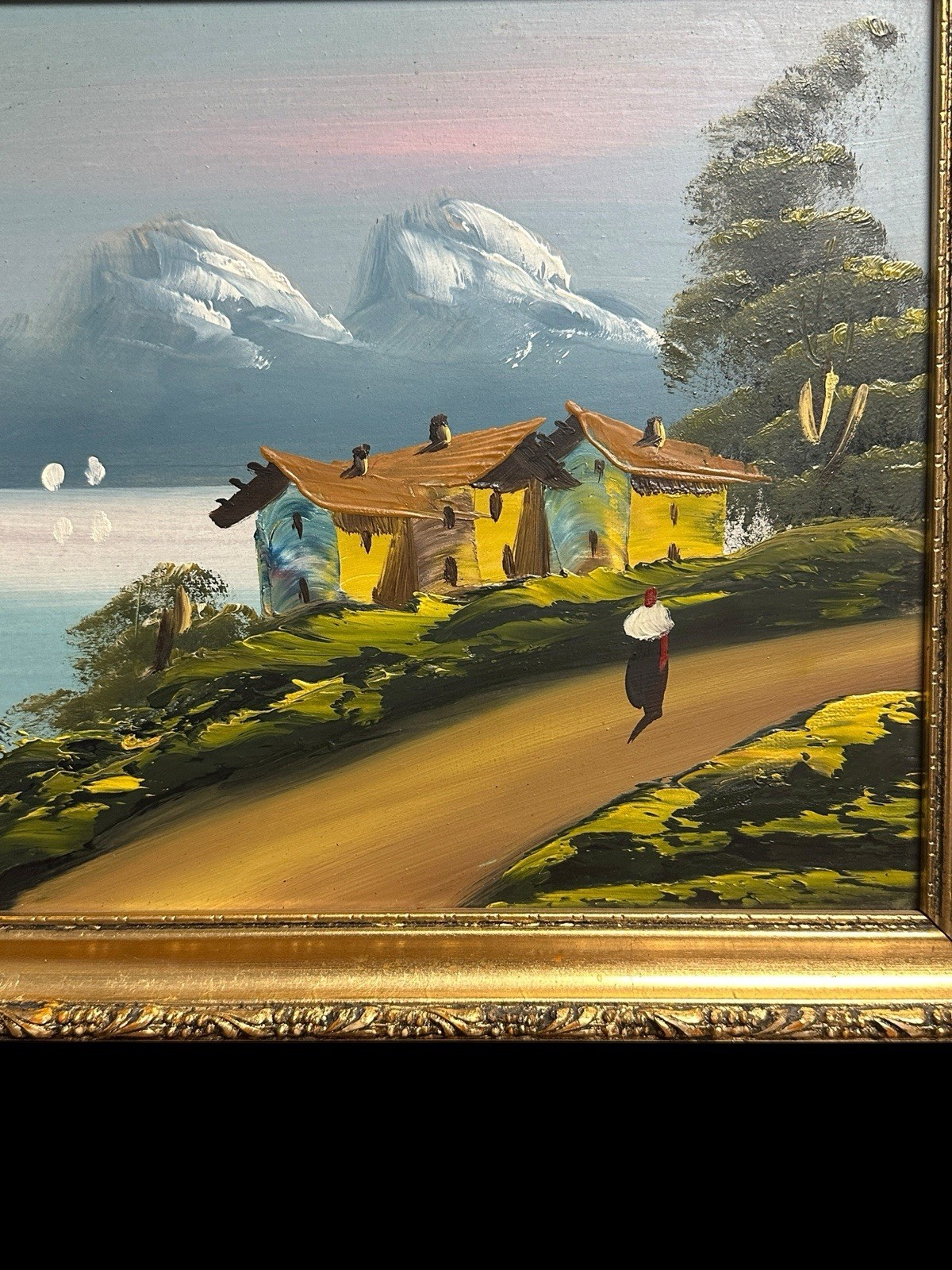 Vintage MCM Andean Folk Art Oil Painting Peruvian Village Gilded Gold Frame