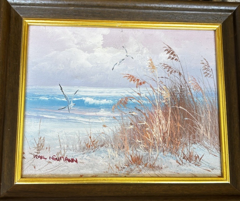 Vtg Signed Oil Painting Coastal Beach Scene Seagulls Pastel Pink Blue Wood Frame