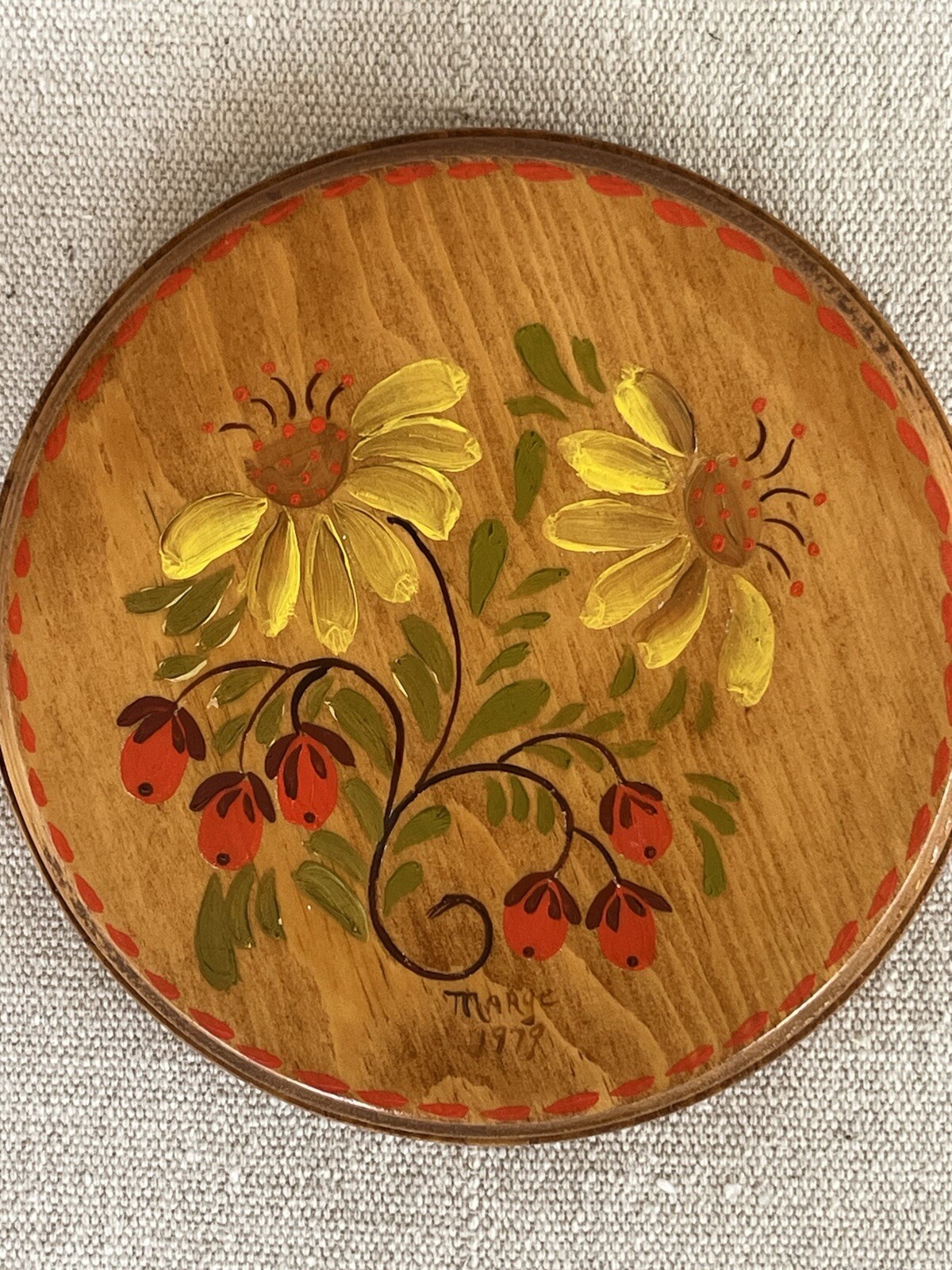 VTG Hand Painted and Signed Marge ’79 Trio of Wood Flowers Plaques Daisies, Rose