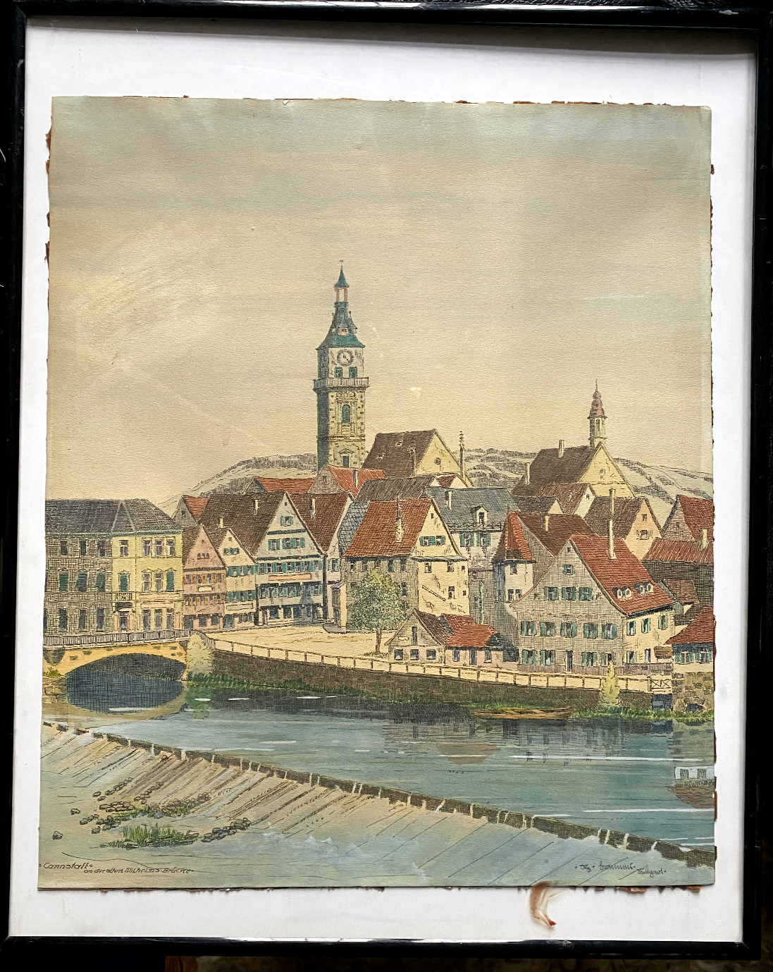 Watercolor Pen Drawing Stuttgart Bad-Cannstatt Neckar Antique Signed