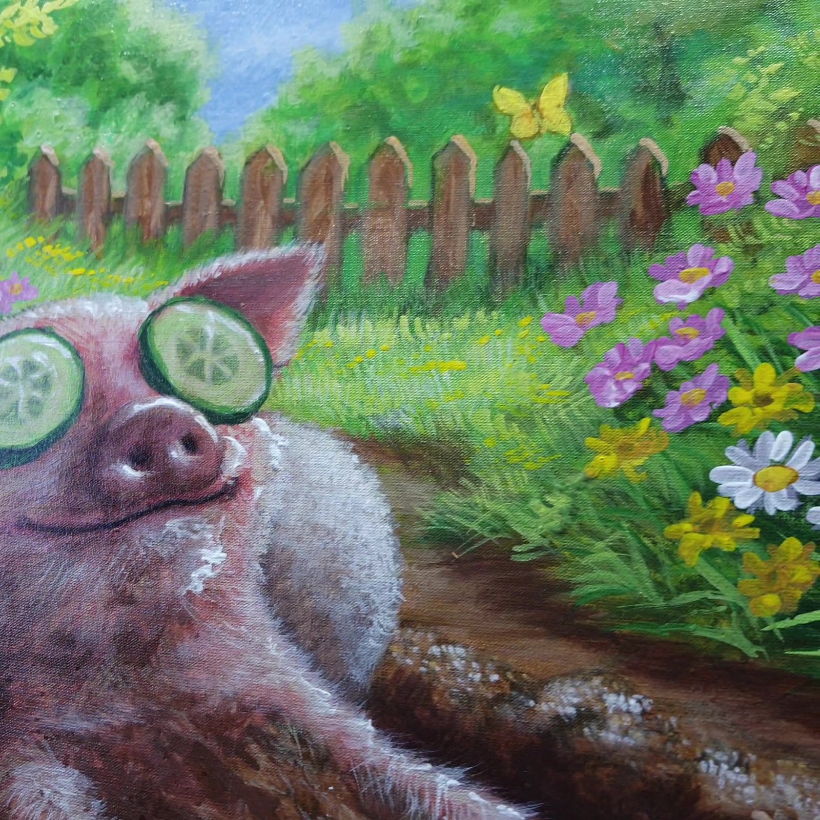 Original Acrylic Funny Pig Painting Mud Spa Humor Farm Animal Art OOAK 16×20
