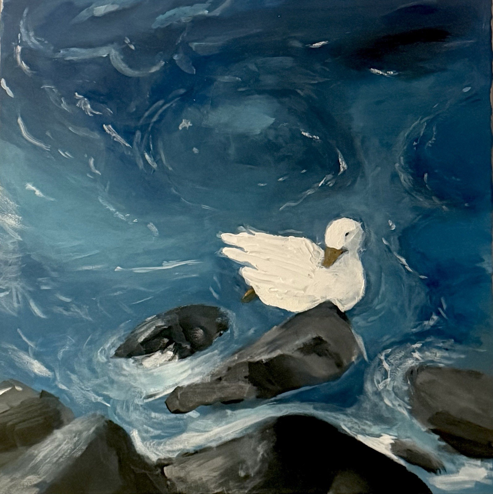 White Duck on Rocks Original Acrylic 20×20 Canvas Painting Fine Art Blue Water