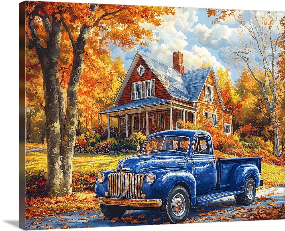 Autumn In New York Old Home Truck & Trees Leaves Giclee Art Canvas Wrap or Print