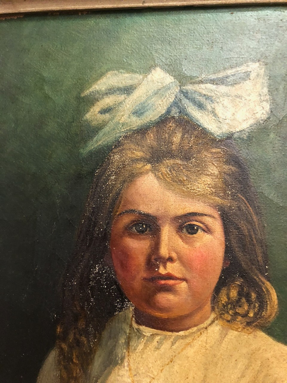 1915 Oil Painting of Little Girl Ribbon in hair Victorian by VOLLENWEIDER #1