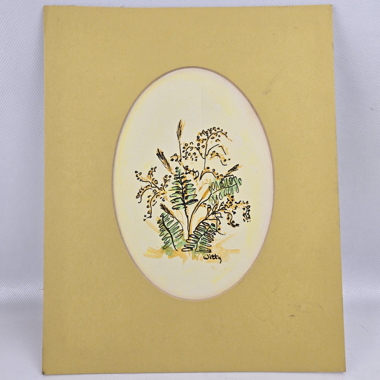 Original Art Matted Ferns Gold Green Pen and Watercolors 10″ x 8″