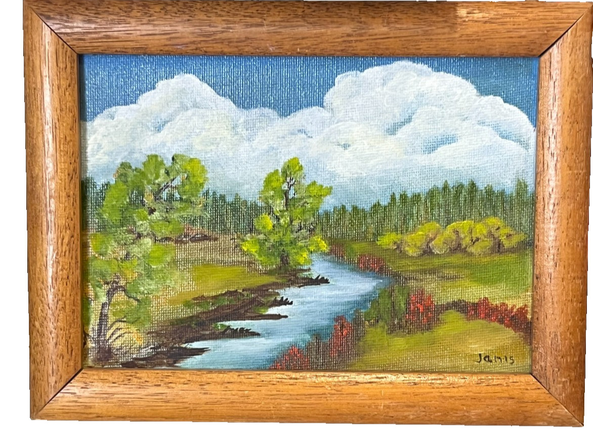 Original Oil Landscape Painting Signed Flowing River Forest Blue Sky Clouds 8″