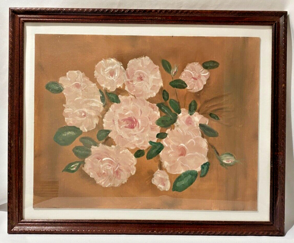 Original Canvas Painting Pink Roses In Wood Frame Mid Century Framed & Matted
