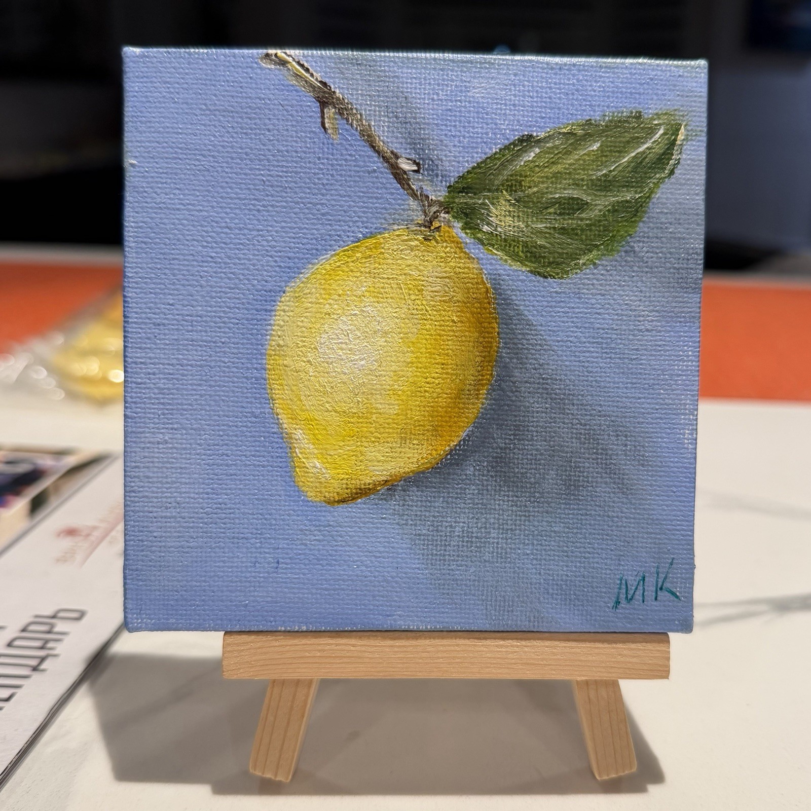 Lemon on Branch Original 4×4 Acrylic Painting on Canvas – Kitchen Fruit Wall Art