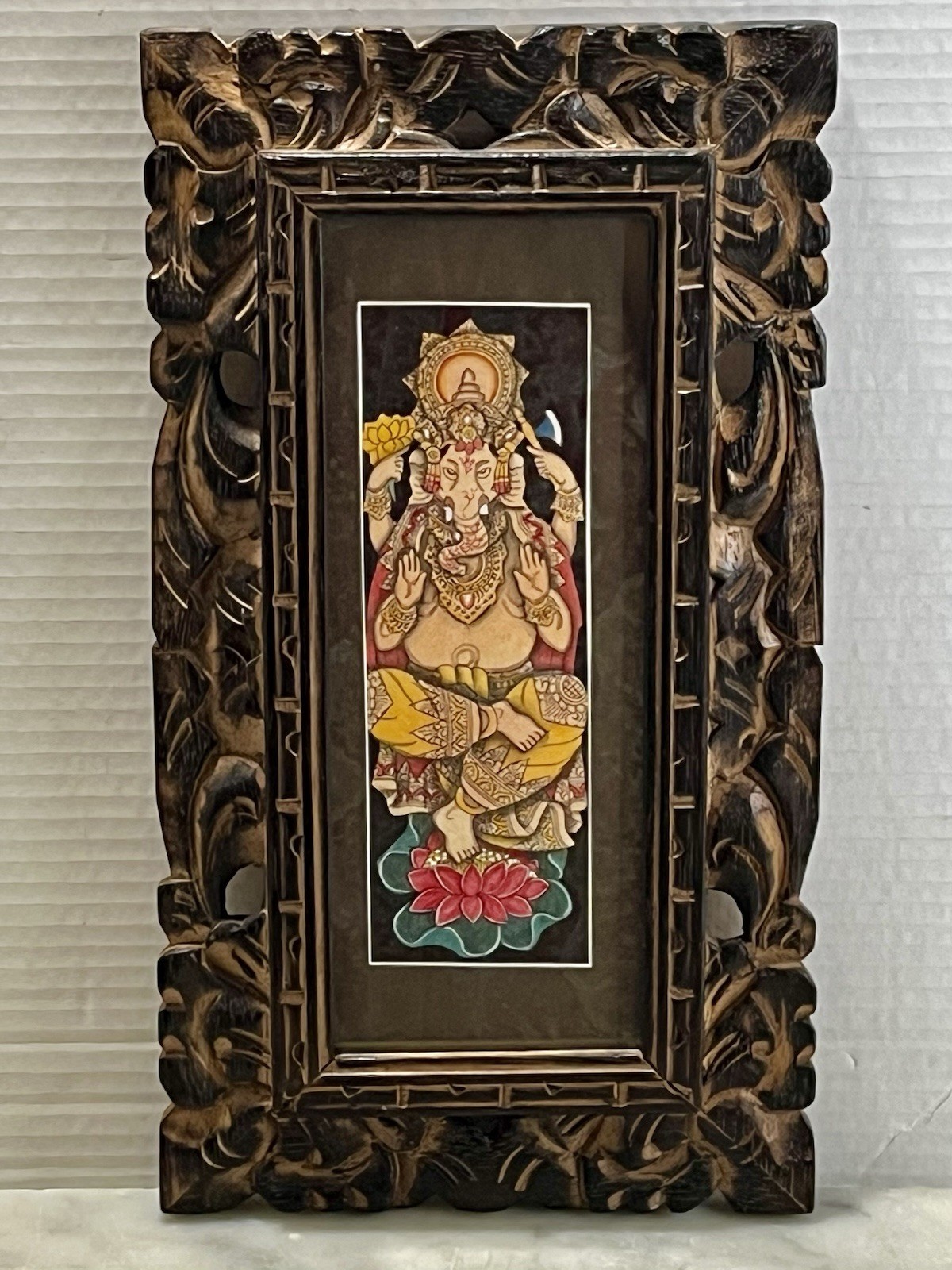 Ganapati Ganesha Water Color Art Hindu Religious Art Carved Wood Frame 13”x 7”