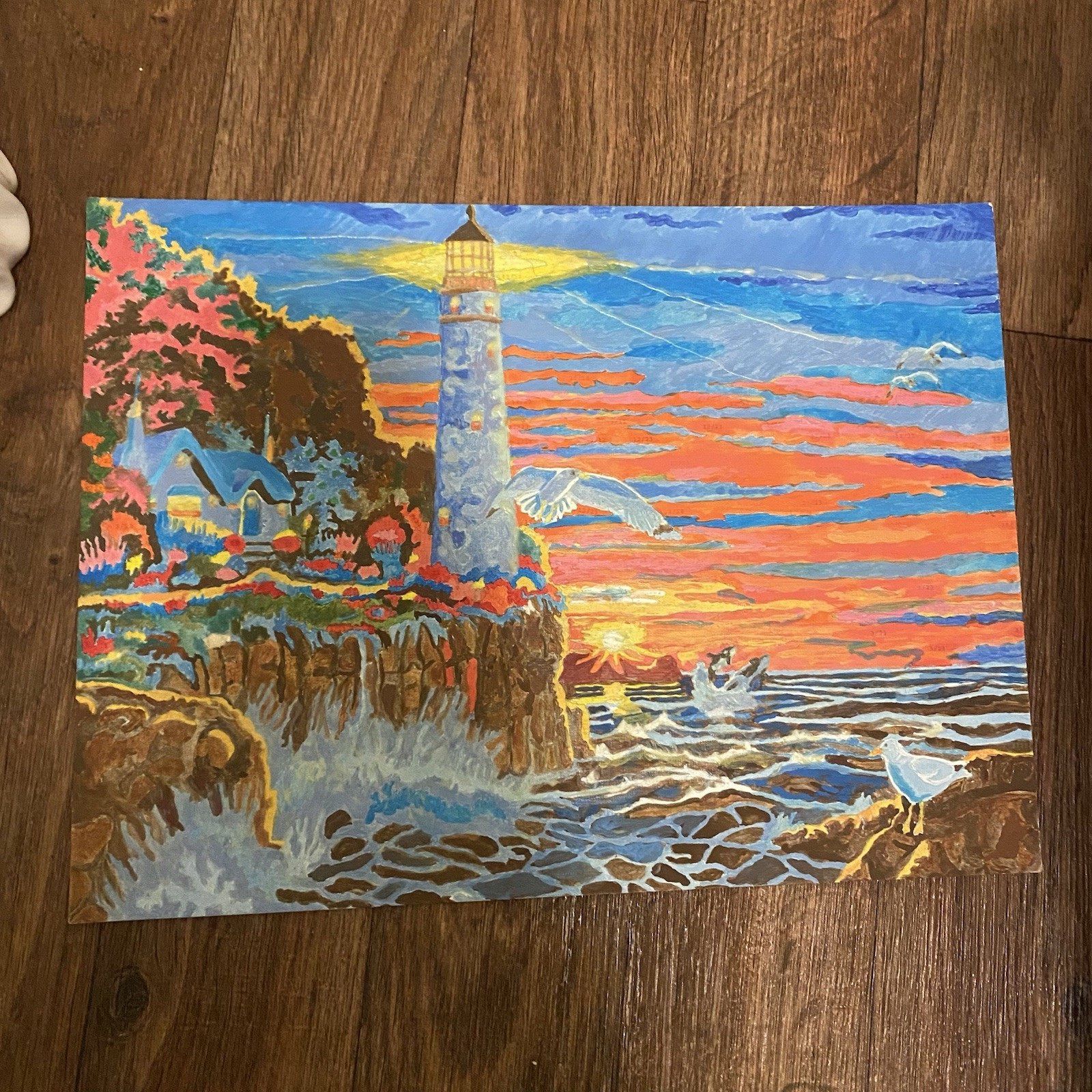 Wall Art Print Painted Lighthouse On Cliff Ocean Sunset 11”H x 15”W Beach House