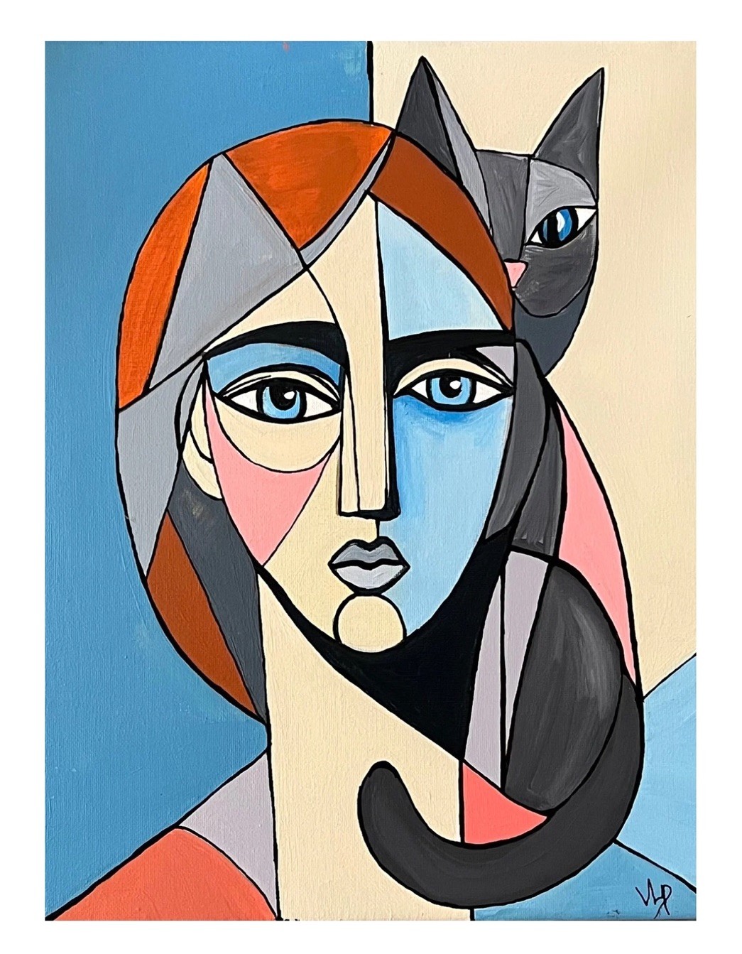 Original Cat Lady Picasso Inspired Modern Cubist Art 14×11” Canvas Acrylic VLP