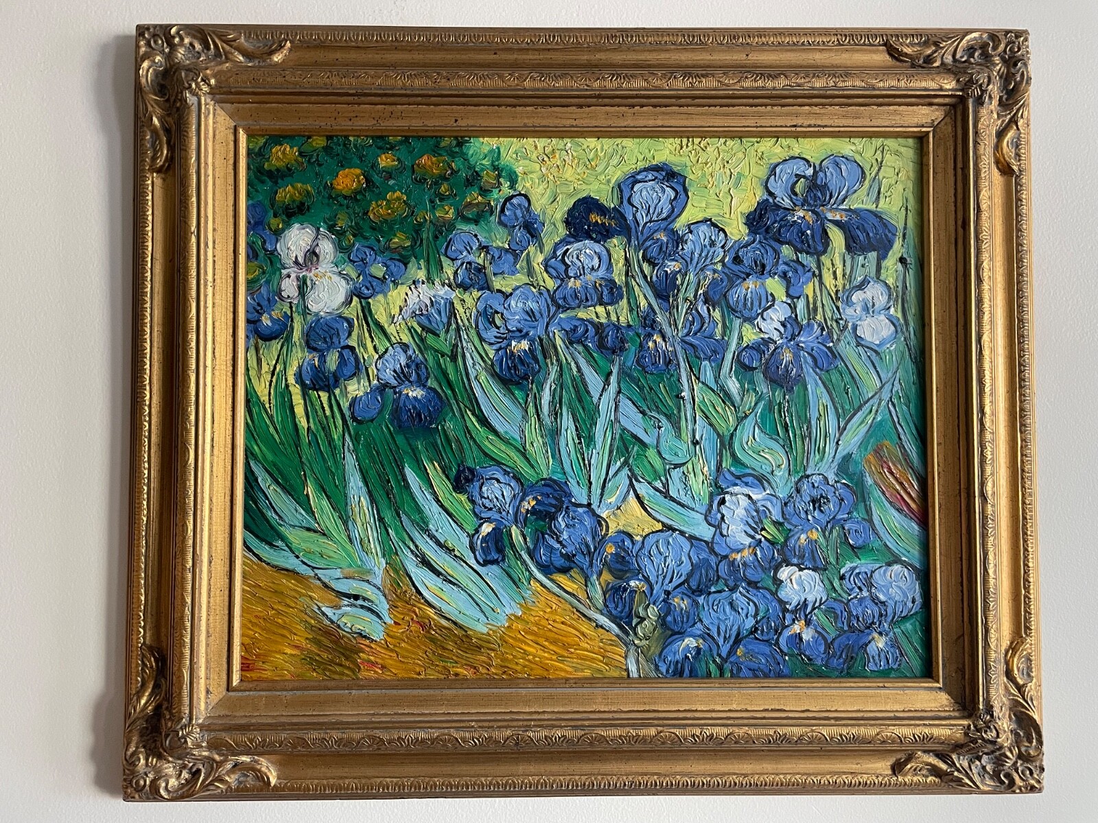 After Vincent van Gogh, Irises, oil on canvas, gold frame