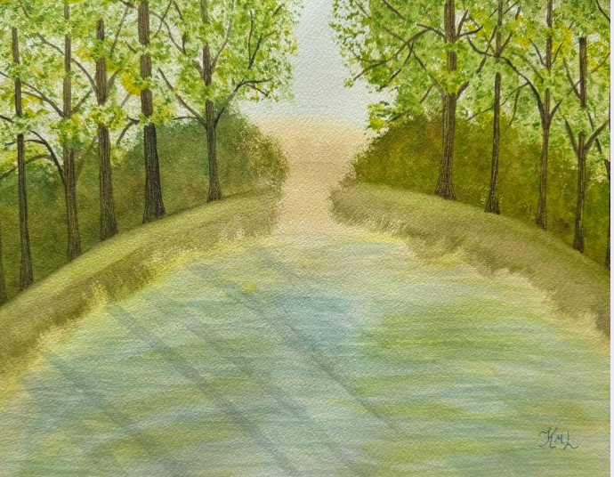 PAINTING WATERCOLOR ORIGINAL TREES FOREST POND LANDSCAPE GREEN 11X14 & MAT 16X20