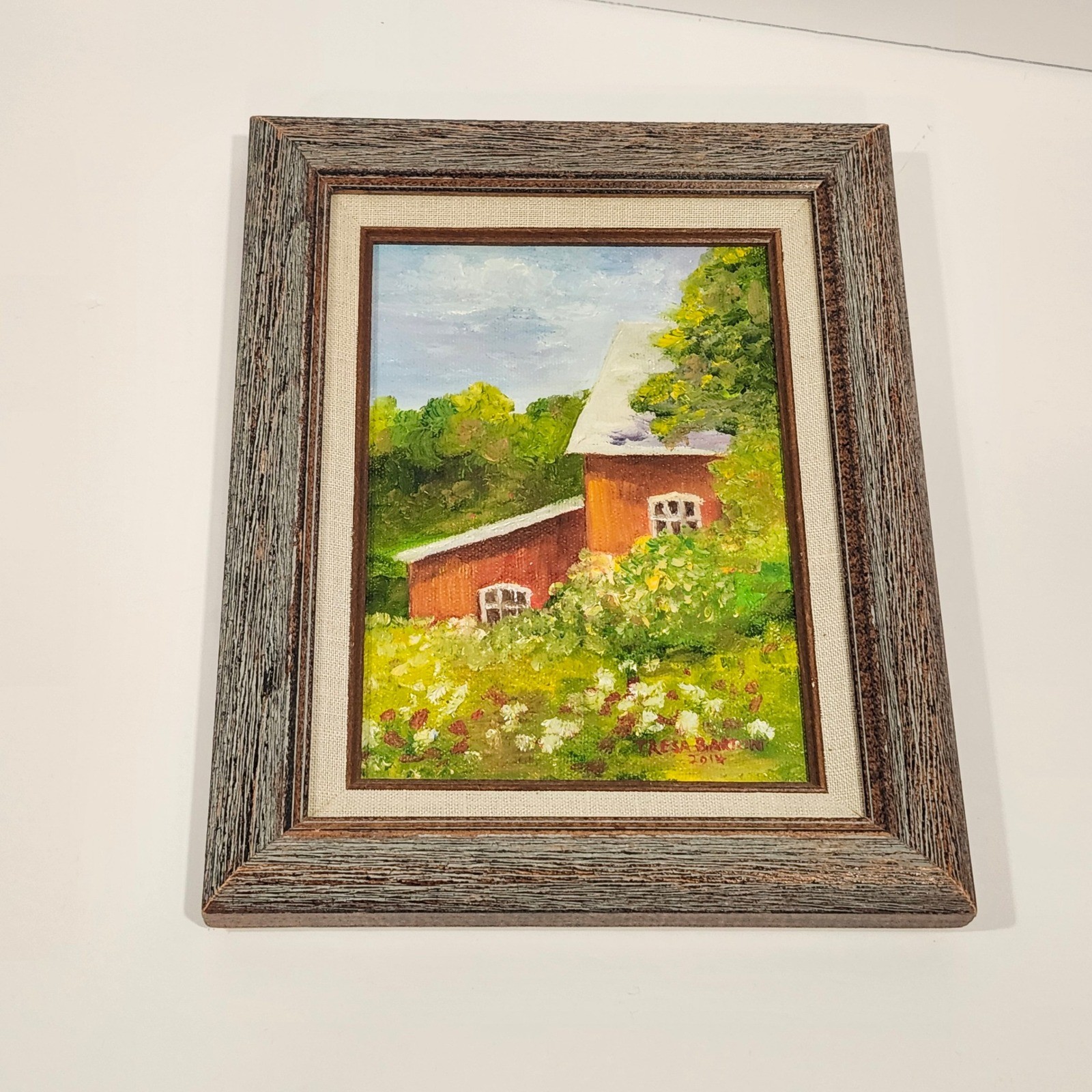 Signed Tresa Barton 2014 Original Oil Painting Red Barn Landscape Framed