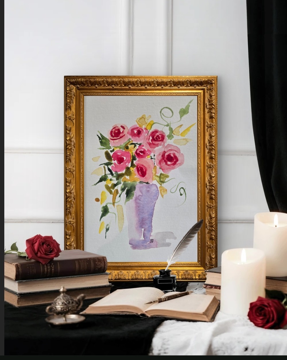 Original Signed Watercolor Painting. Floral. Roses. Pink. Wall art. Bouquet.