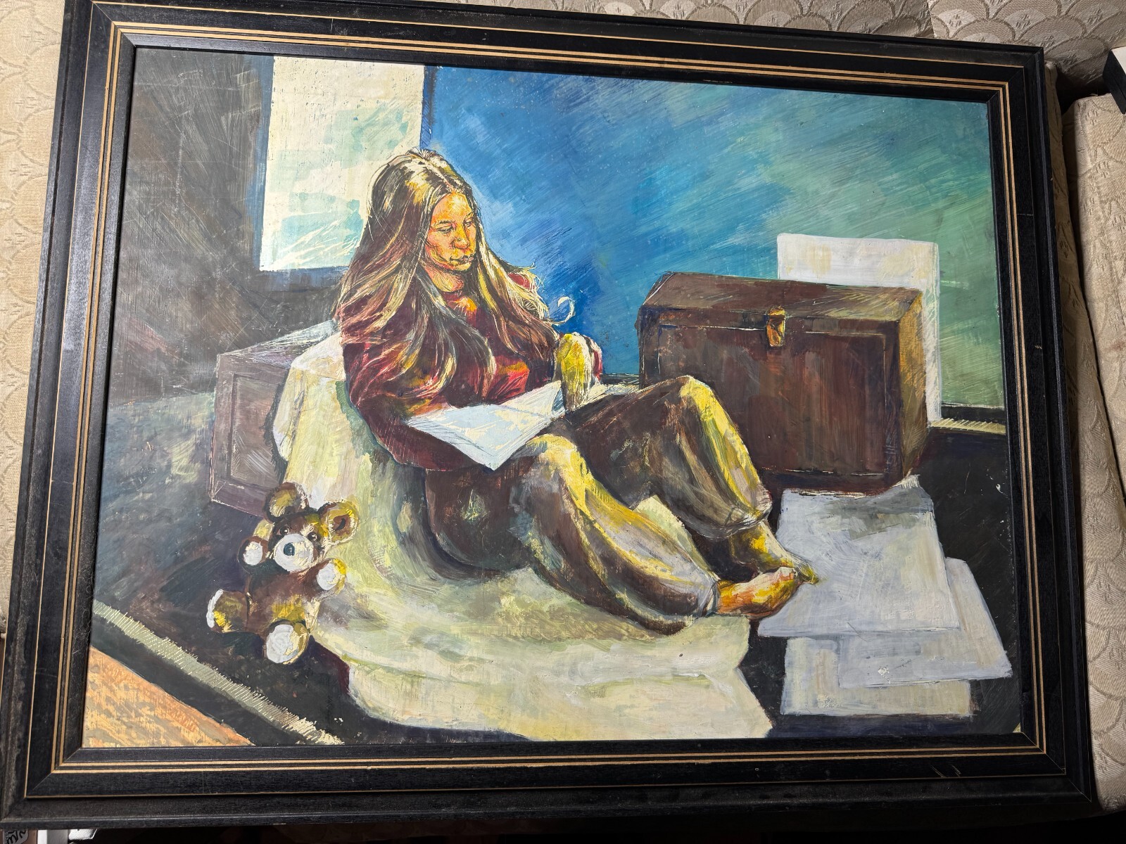 Large Vintage «Girl Reading Scene» Oil On Board Painting – Framed